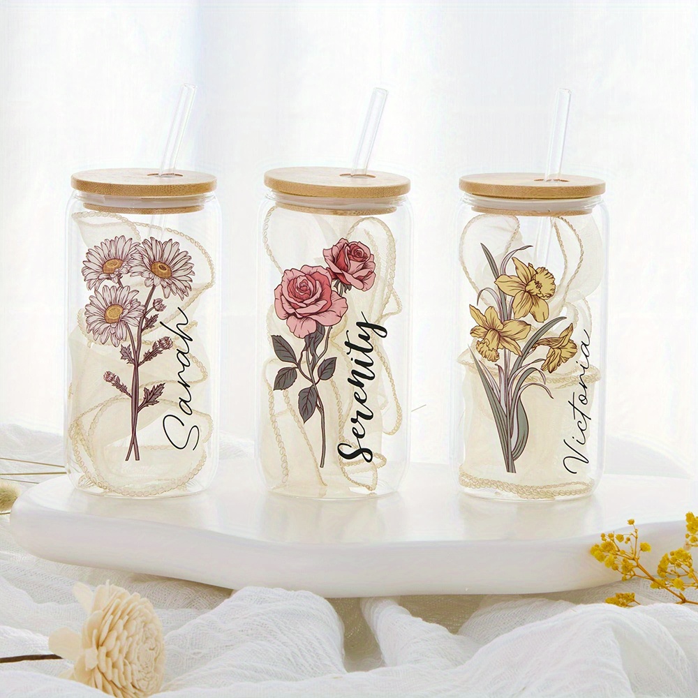 Custom Birth Flower Glass Can  - Coffee Equipment With Name 评论和价格